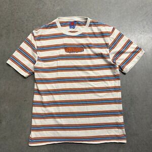 Camp High Campers Striped T-Shirt Mens Large Orange Blue Cream Embroidered Logo